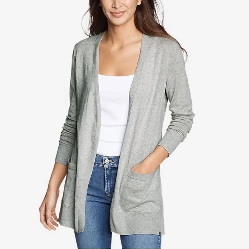 Eddie Bauer Christine Boyfriend Cardigan Dark Gray Open Front Knit Sweater